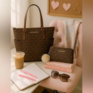 Michael Kors Brown MK Monogram Tote & Zip Wallet Set Gold Hardware NWT